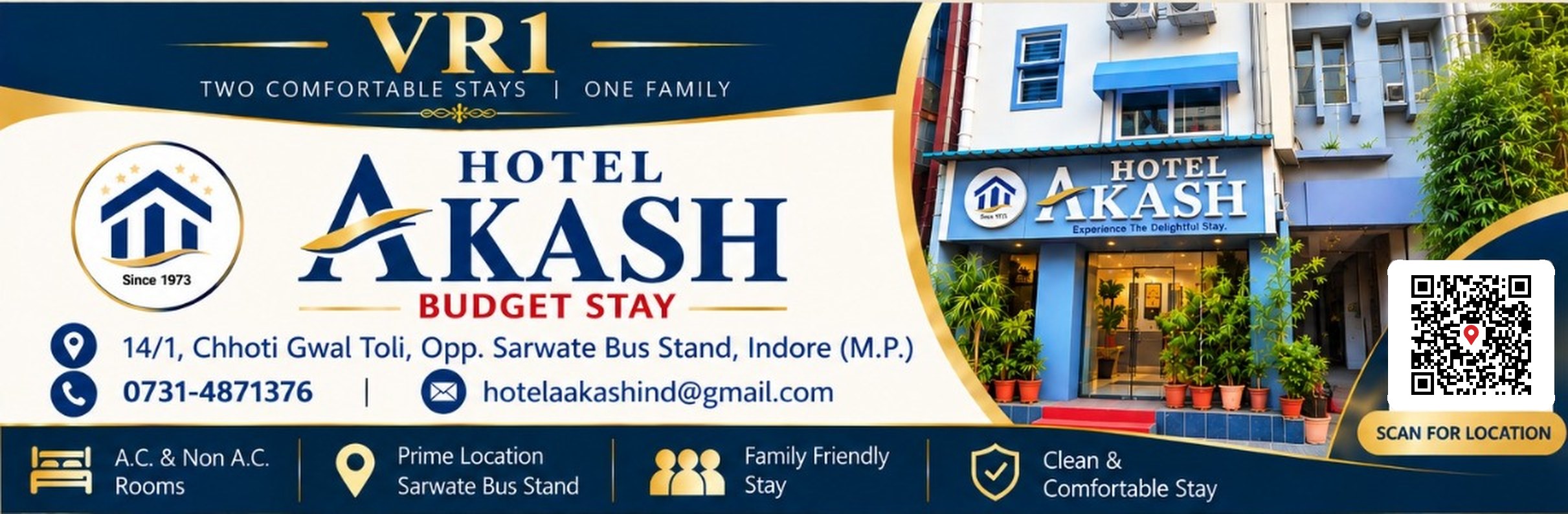 Hotel Akash banner: 14/1, Chhoti Gwaltoli, opposite Sarwate Bus Stand, Indore. Phone 0731-4871376. Scan the QR code for the location on Google Maps.
